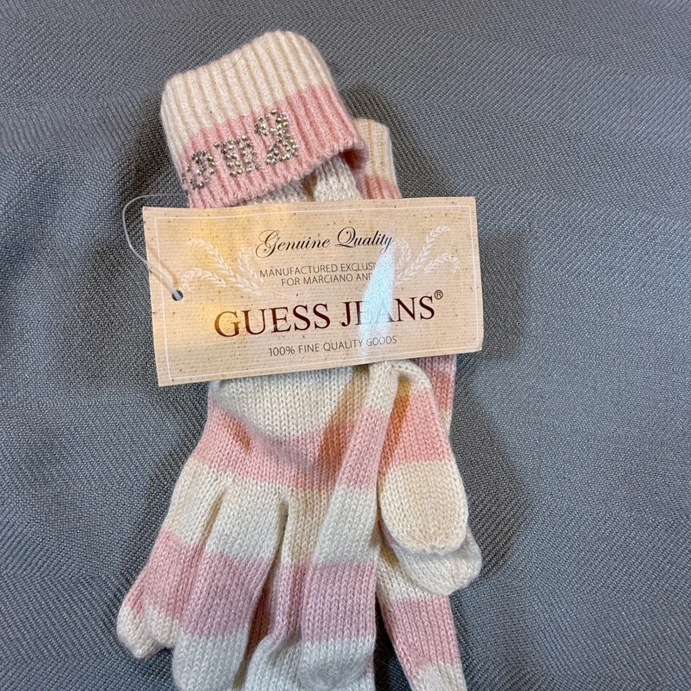 Guess Jeans Striped Knit Gloves Blush Milk Rhinestone Logo Cashmere Blend 2258